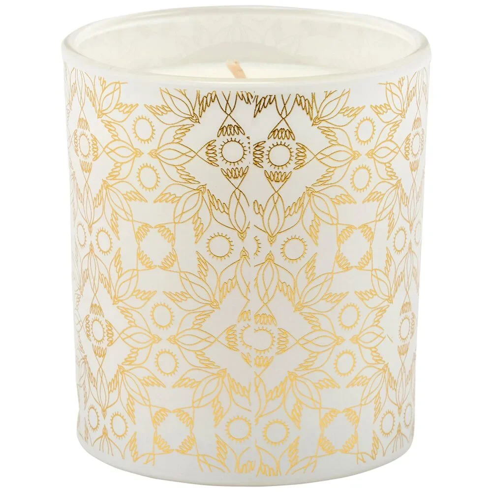 Nouveau Crane Sage Scent Jar Candle | Bird Pattern Metallic Gold Accent Frosted